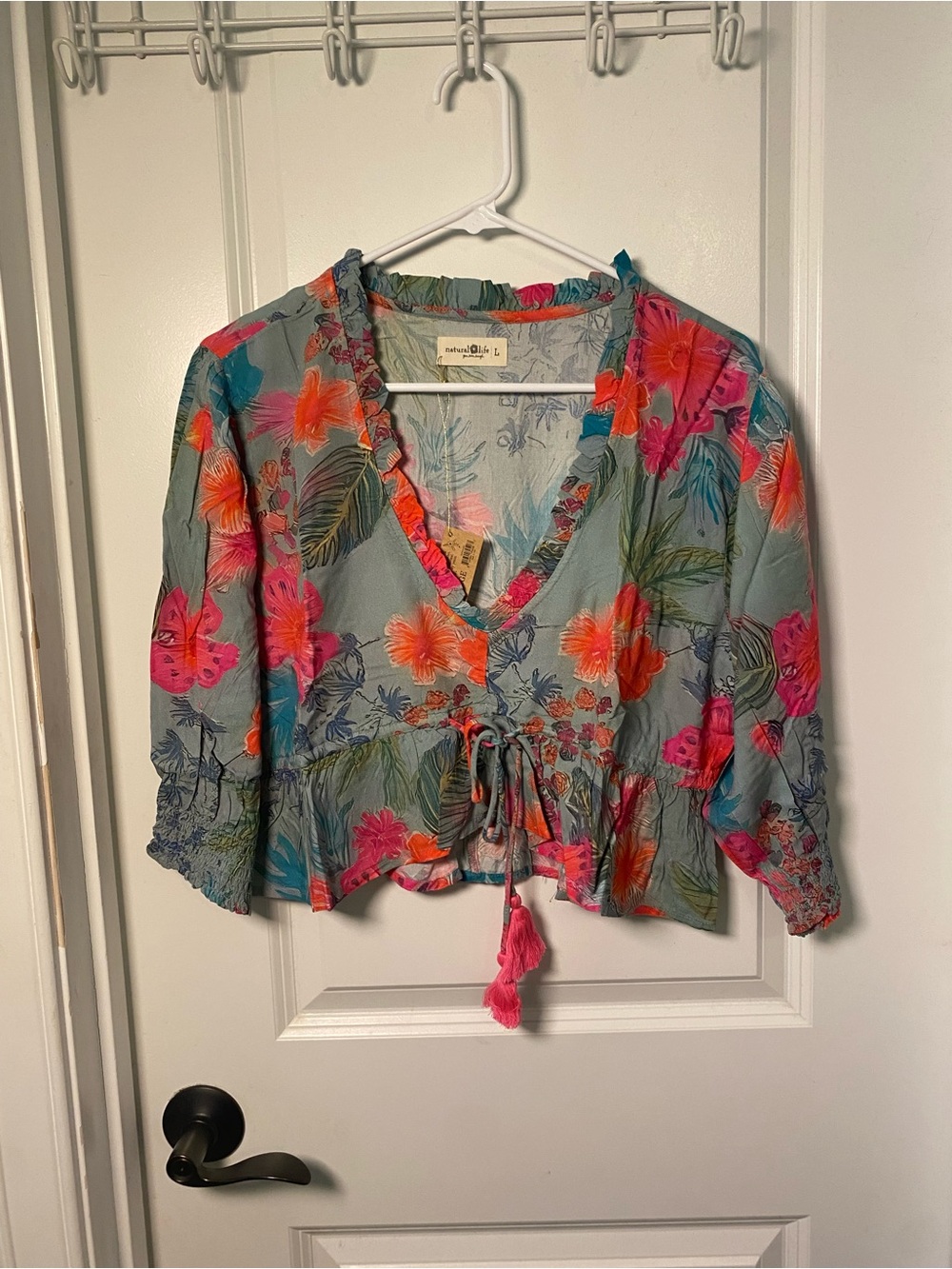 NATURAL LIFE Teal Floral Tie-Front Blouse with Pink & Orange Flowers
